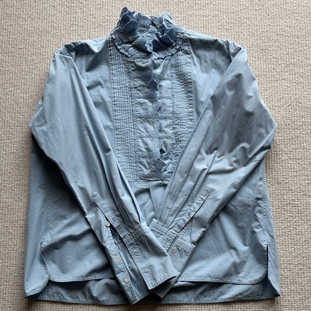 Isabel Marant Powder Blue Ruffle Pintuck Button-Down Blouse